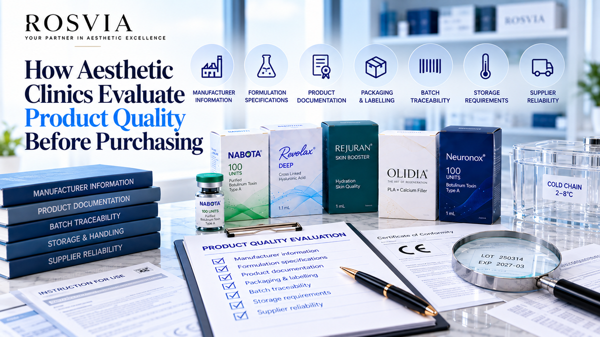 -Professional aesthetic product quality evaluation featuring manufacturer documentation, formulation specifications, batch traceability, packaging inspection, storage requirements, and supplier verification.