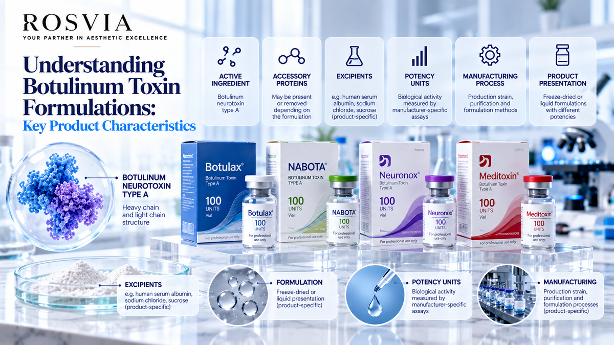 Scientific illustration of botulinum toxin formulation characteristics featuring molecular structures, excipients, potency units, manufacturing information, and pharmaceutical product packaging.