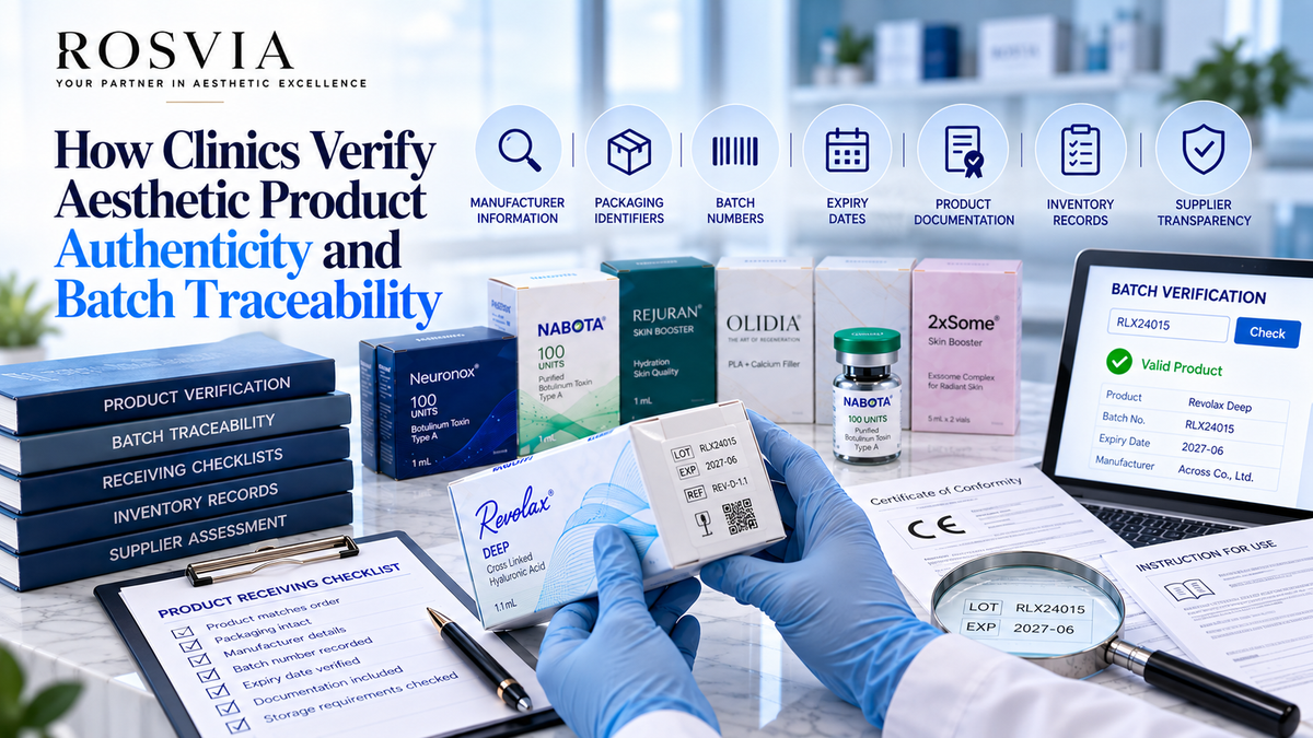Professional aesthetic product authenticity verification featuring batch numbers, expiry dates, manufacturer documentation, packaging inspection, product traceability, and clinic inventory records.