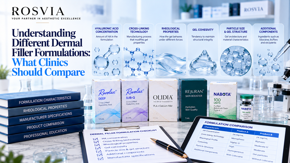 Educational illustration of dermal filler formulation characteristics, including hyaluronic acid molecular structures, cross-linking, gel rheology, cohesivity, and product specifications.
