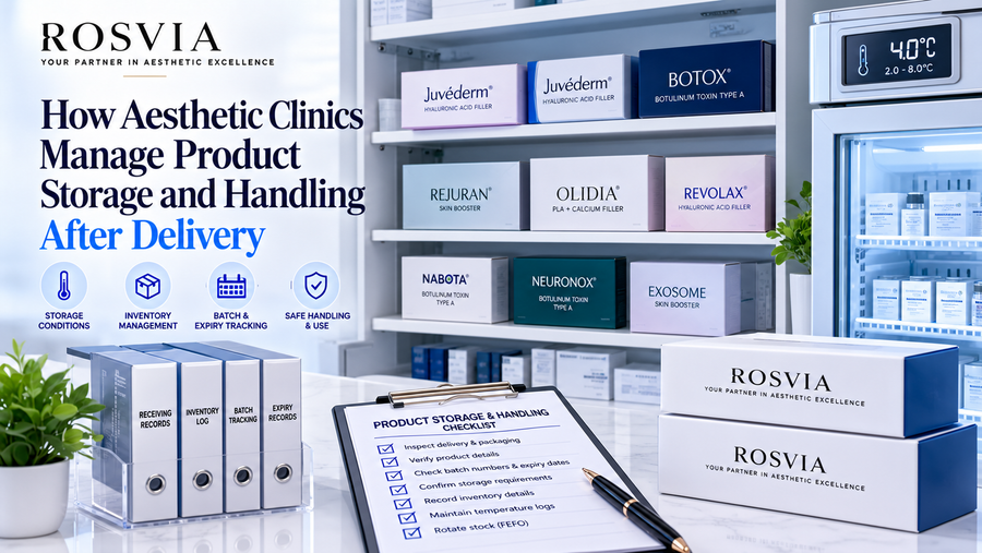 Professional aesthetic clinic product storage and handling showing organised inventory shelves, temperature monitoring, batch records, expiry-date checks, and product receiving procedures.