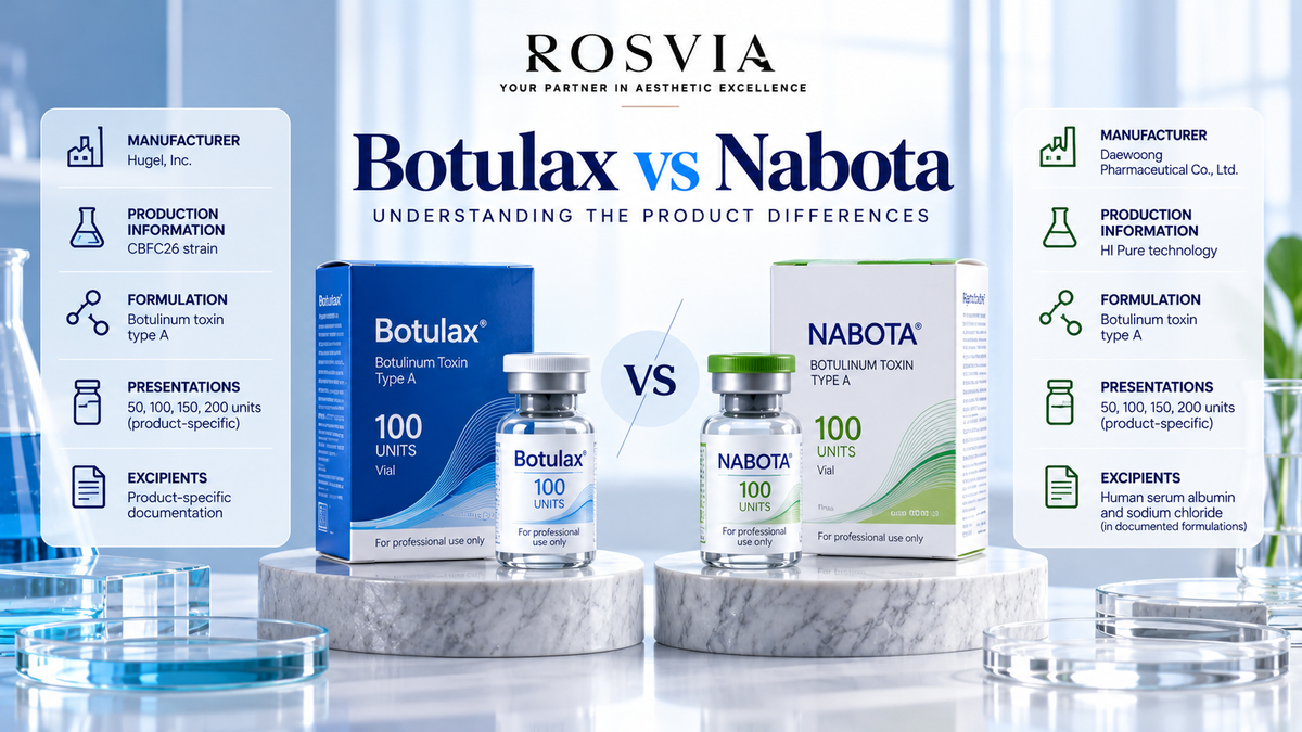 Educational comparison of Botulax and Nabota botulinum toxin type A product brands, highlighting manufacturer information, formulation characteristics, packaging, and pharmaceutical product specifications.