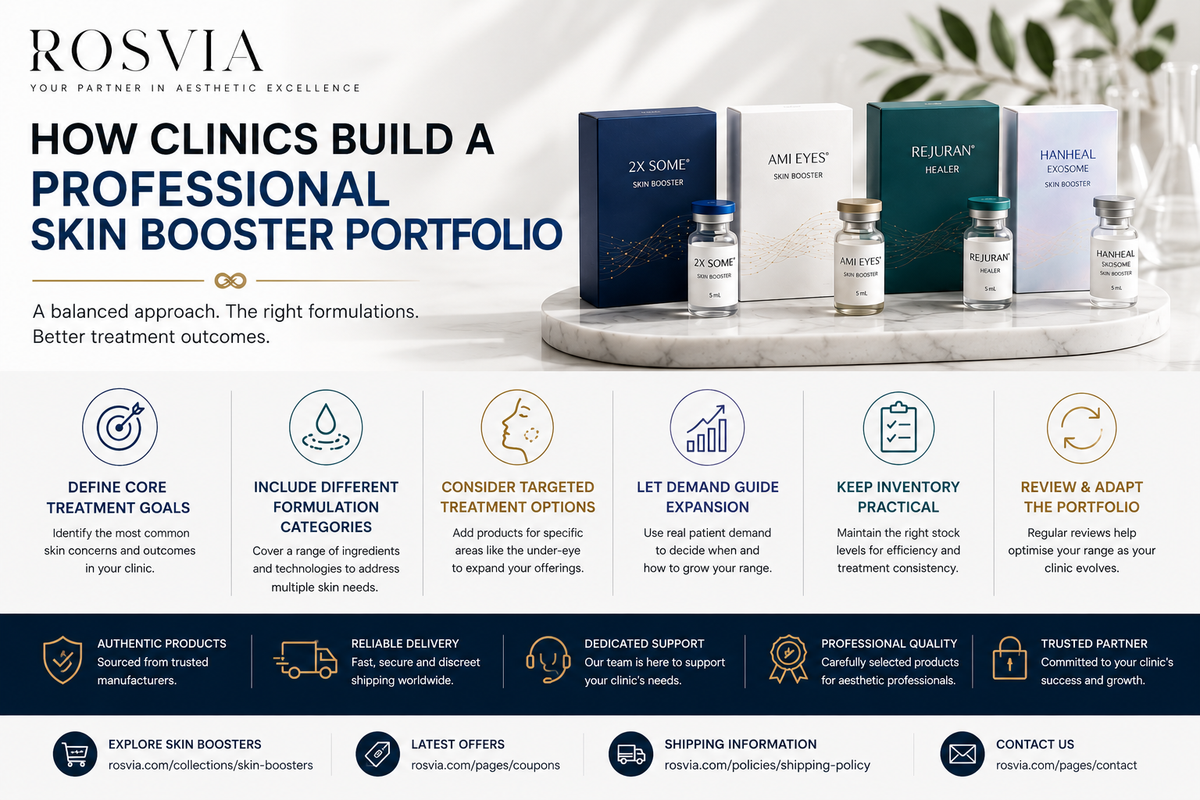 Professional aesthetic clinic skin booster portfolio featuring hydration, targeted care, regenerative formulations, and organised product selection.