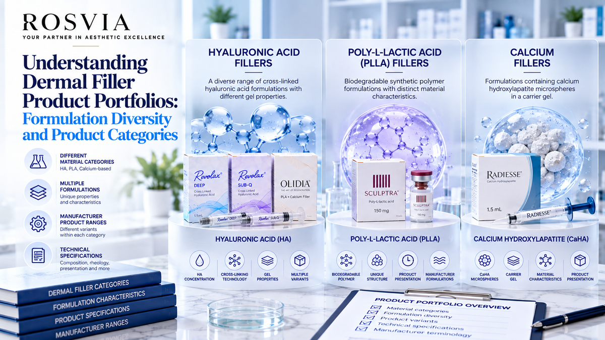 Educational overview of a professional dermal filler portfolio showing hyaluronic acid formulations, PLA and calcium-based filler categories, product variants, and scientific formulation characteristics.