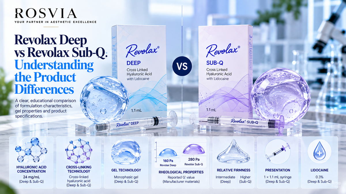 Educational side-by-side comparison of Revolax Deep and Revolax Sub-Q dermal filler packaging, hyaluronic acid composition, gel characteristics, and manufacturer specifications.