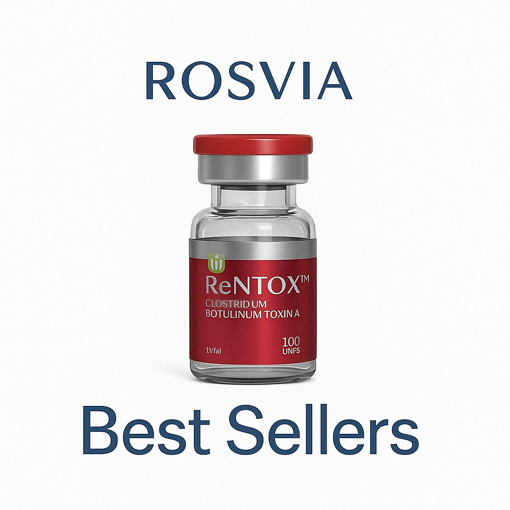Rosvia Best Sellers collection featuring RenTox 100 Units botulinum toxin vial on a white background, trusted by aesthetic clinics and medical professionals.