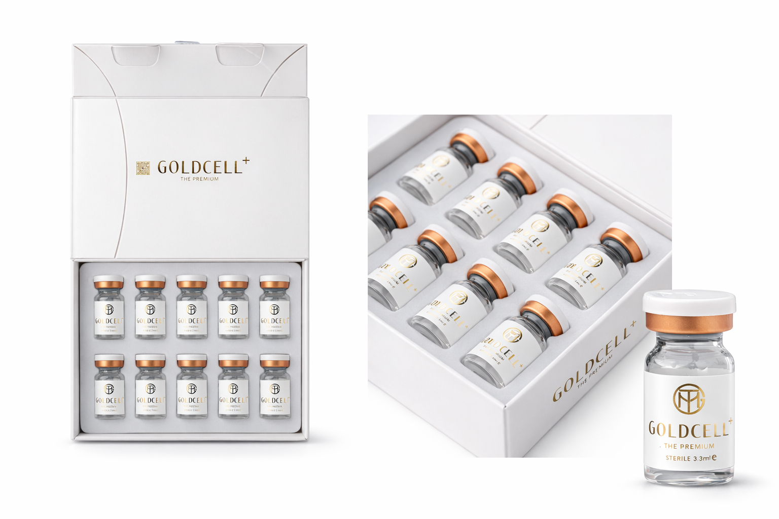 Goldcell skincare product set with bottles and packaging on a white background