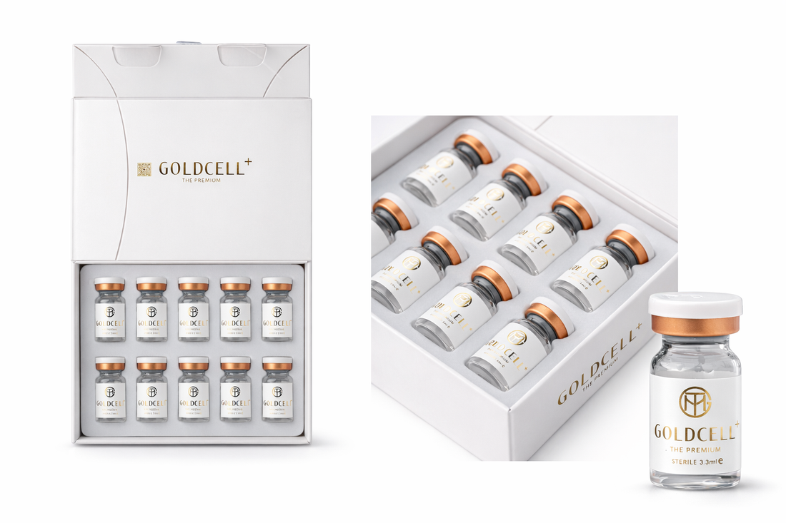 Goldcell skincare product set with bottles and packaging on a white background