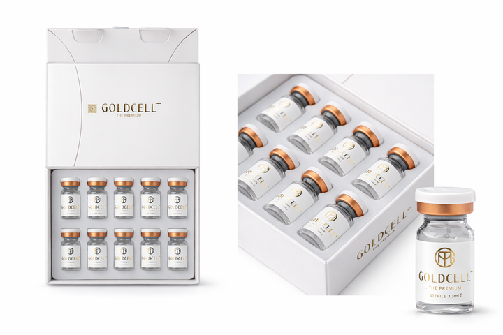 Goldcell skincare product set with bottles and packaging on a white background