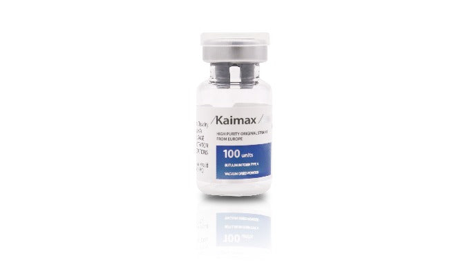Close-up of a KAIMAX 100 Units botulinum toxin type A vial 
