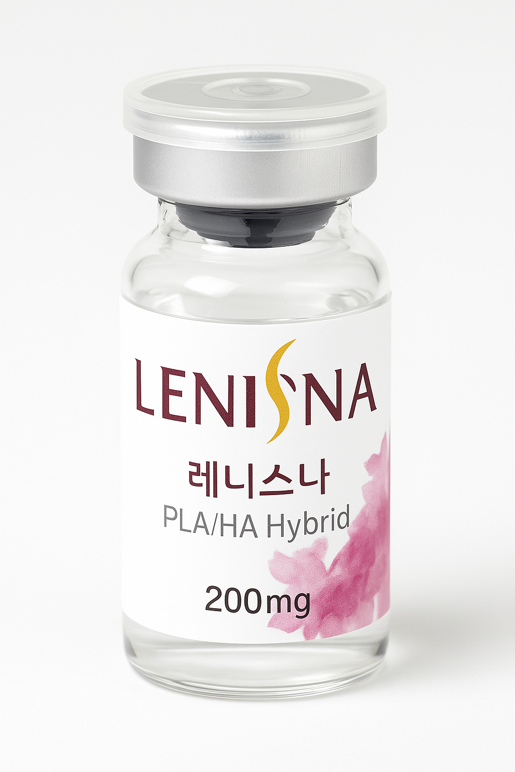 Close-up image of LENISNA PLA/HA Hybrid Filler 200mg vial, featuring clear label and silver cap.Rosvia.com