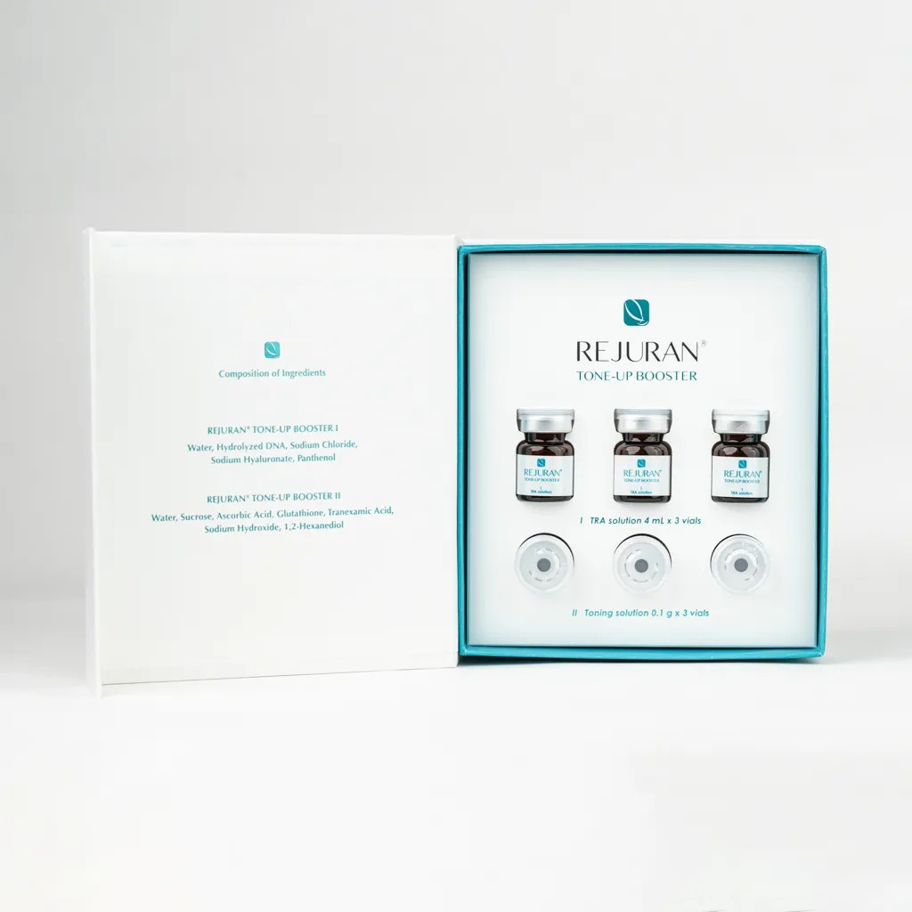 Packaging of Rejuran Tone-Up Booster highlighting dual-step formula-rosvia.com