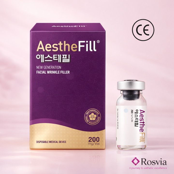 AestheFill packaging and vial on a pink background with Rosvia branding.