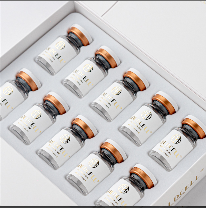 Close-up of Goldcell Plus vials arranged in box showing premium sterile skin booster solution