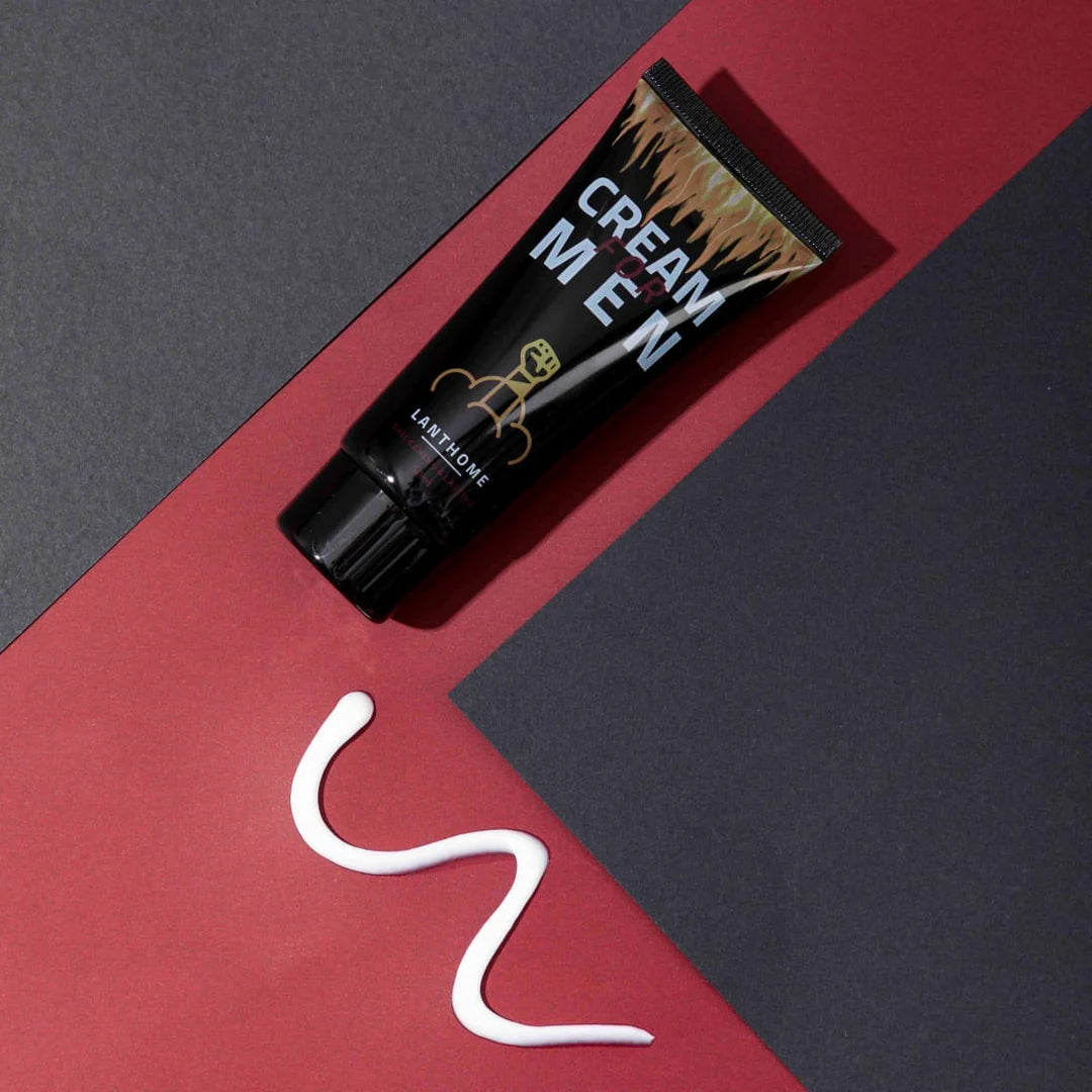 Lanthome Cream for Men on red and black background with cream smear – rosvia.com