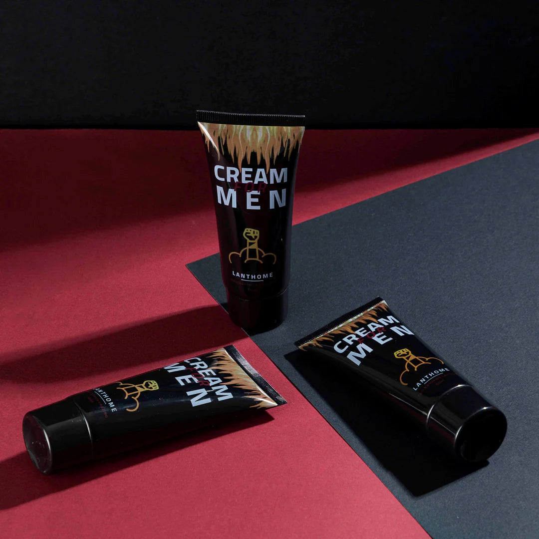 Three tubes of Lanthome Cream for Men displayed on red and black background – rosvia.com