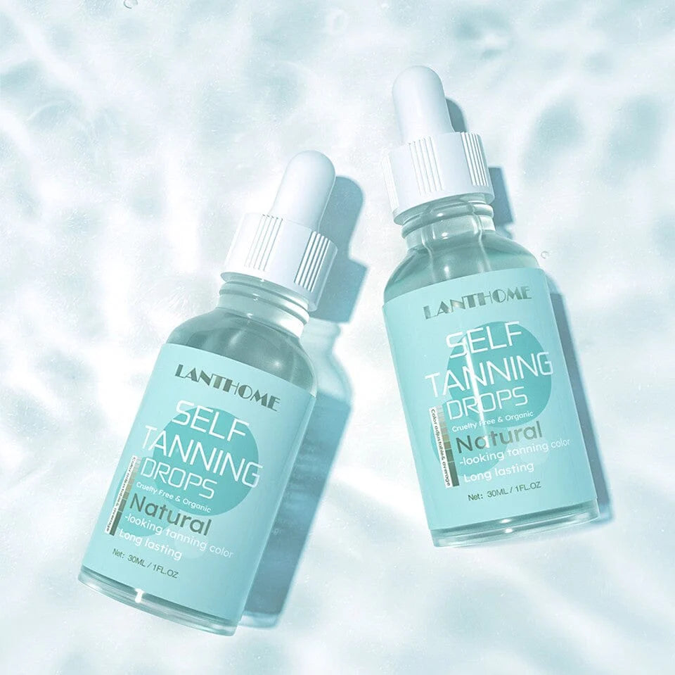 Two Lanthome Self Tanning Drops bottles in a bright water setting, featured on rosvia.com.