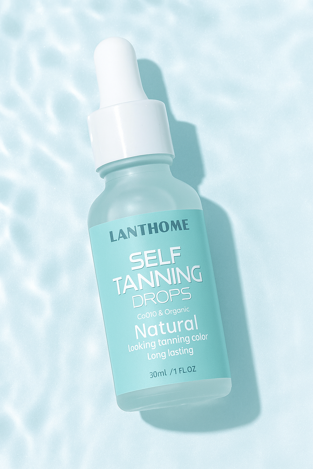 Close-up of a single Lanthome Self Tanning Drops bottle on a light aqua background, available at rosvia.com.