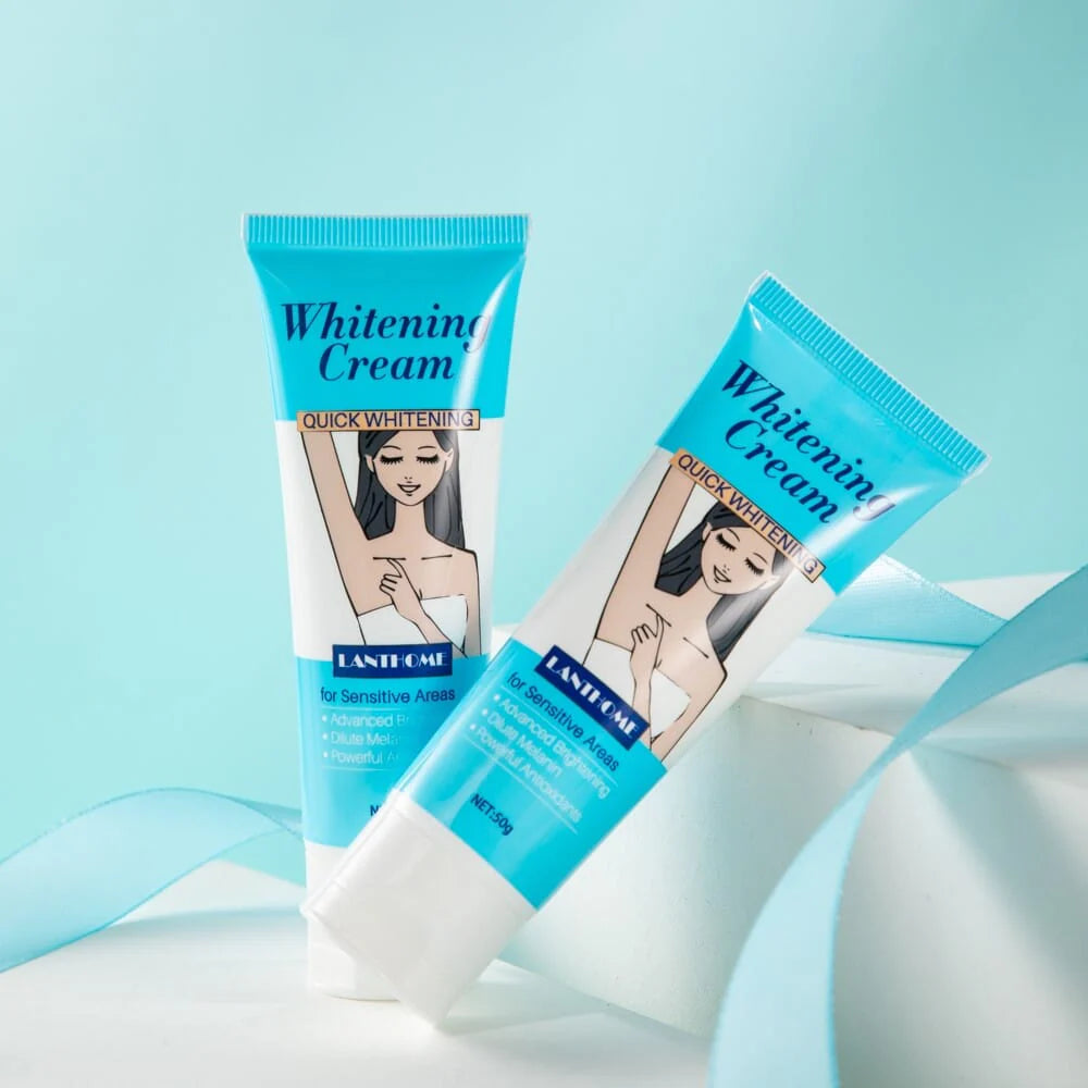 Close-up of Lanthome Whitening Cream tube without packaging, showcased on Rosvia with a clean light blue surface and soft lighting.