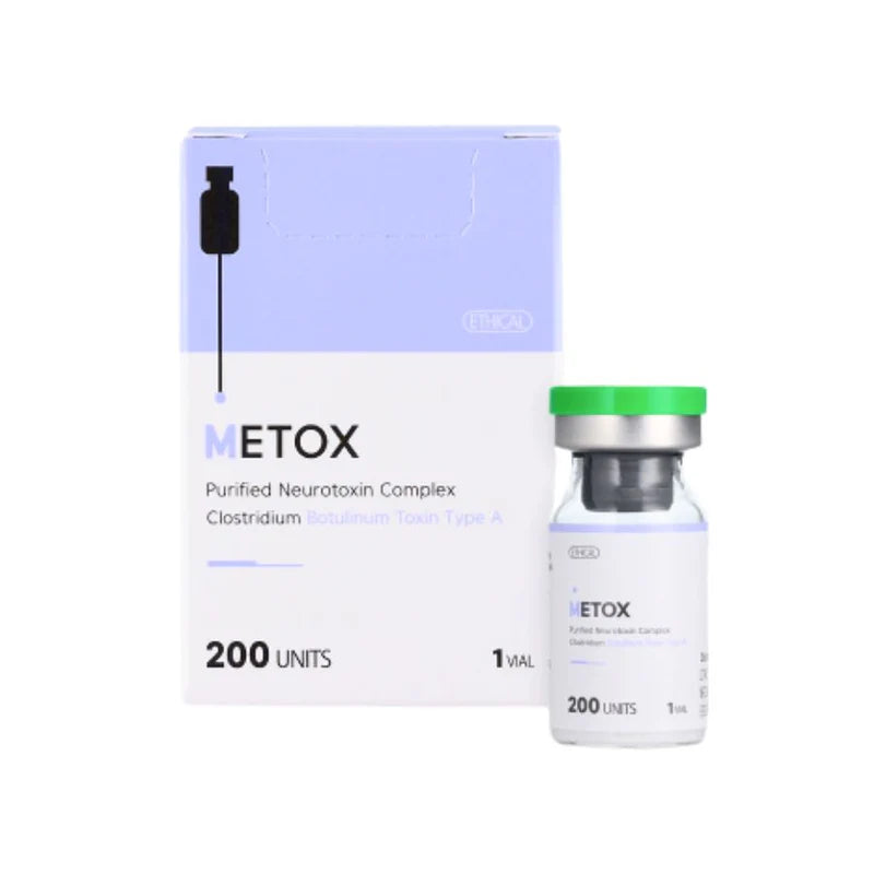 METOX purified neurotoxin complex packaging and vial on a white background