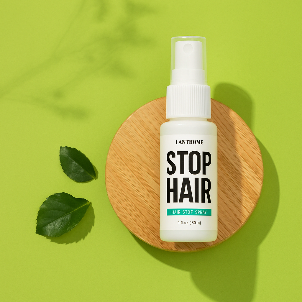 Lanhome Stop Hair spray bottle on green background – rosvia.com