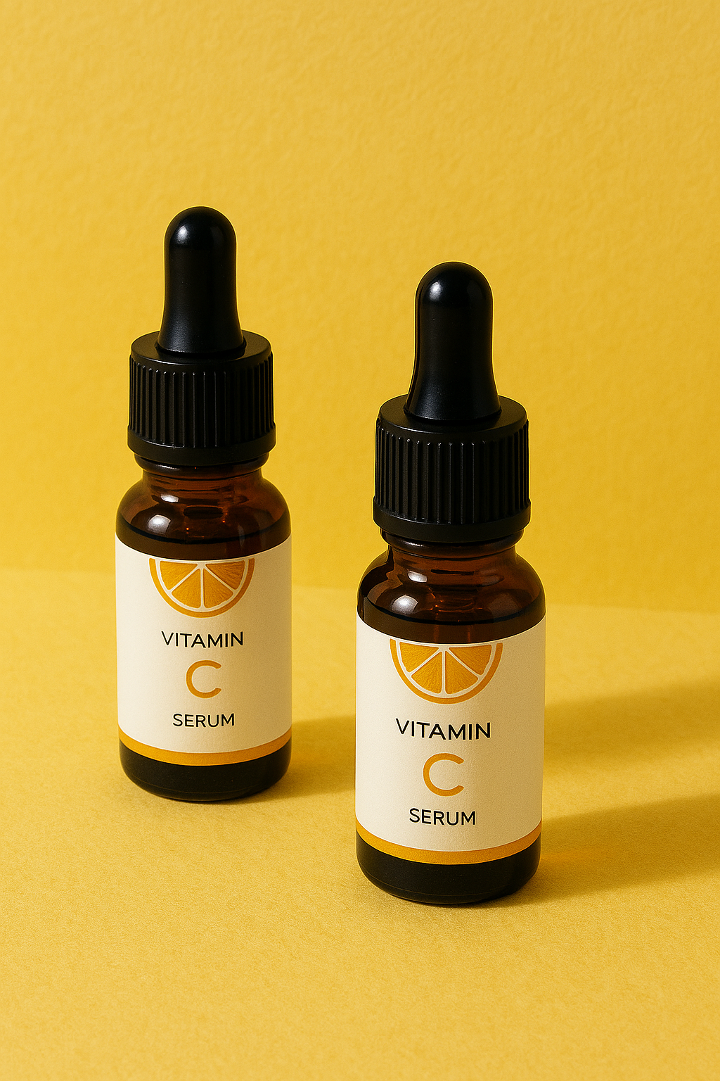 Two Vitamin C serum bottles with orange slice labels on a warm yellow surface in soft natural lighting, featured on rosvia.com.